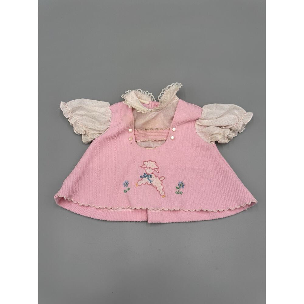 Vintage Tiny Tots‎ Pink Dress Top Lamb & Flowers Measurements In Photos For Size